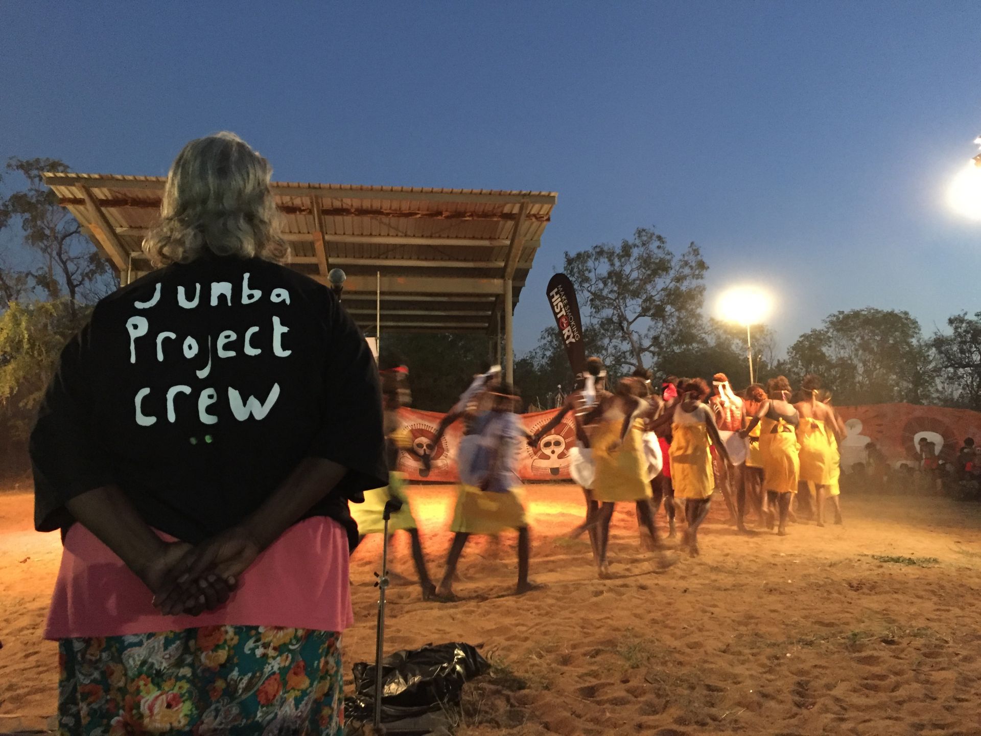 Elder Pansy Nulgit (Ngarinyin) teaches young dancers at Mowanjum Festival 2016
