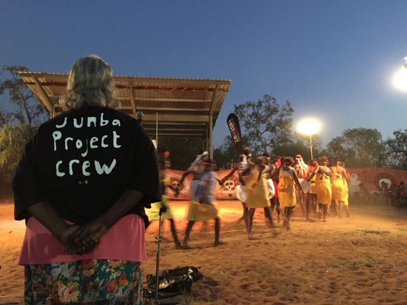 Elder Pansy Nulgit (Ngarinyin) teaches young dancers at Mowanjum Festival 2016