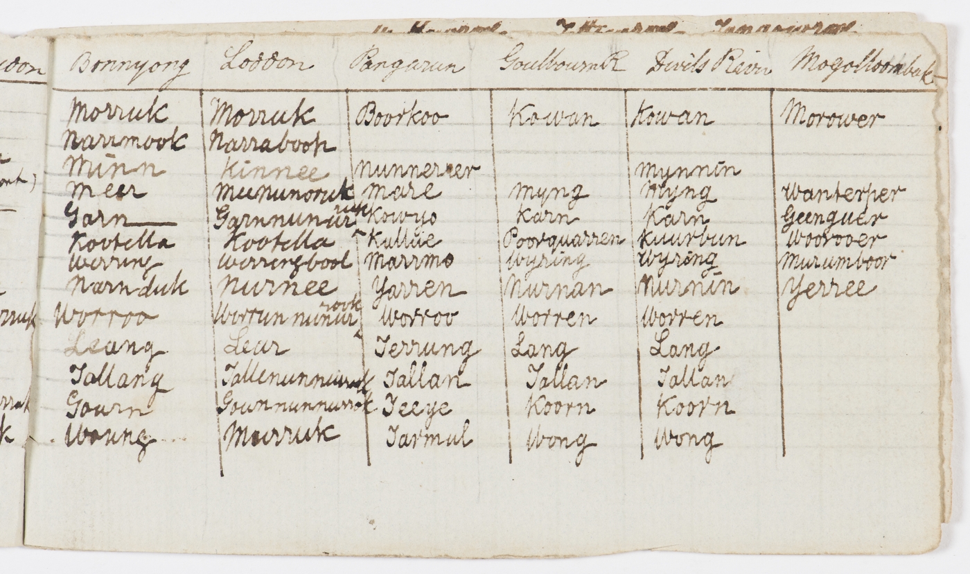 A small comparative table of languages compiled by Assistant Protector of Aborigines William Thomas in Melbourne in the 1840s (State Library NSW)