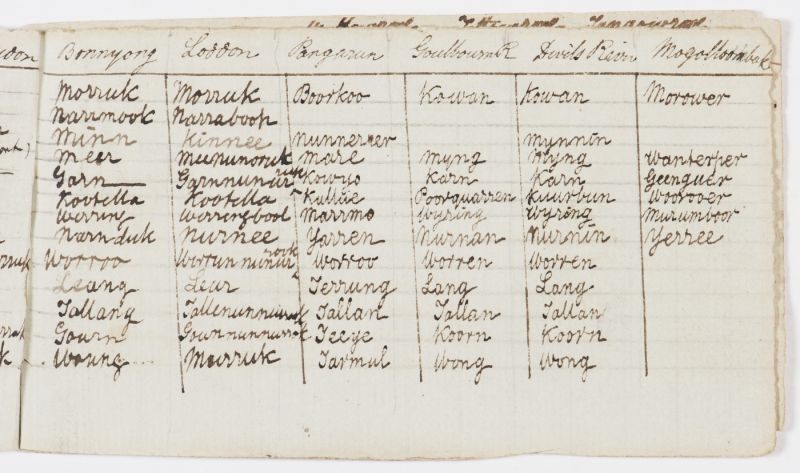 A small comparative table of languages compiled by Assistant Protector of Aborigines William Thomas in Melbourne in the 1840s (State Library NSW)