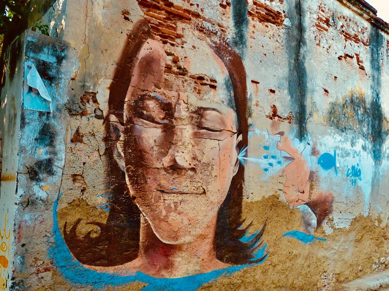 Street art, Columbia, a painting of a face, eyes closed, in blue and brown