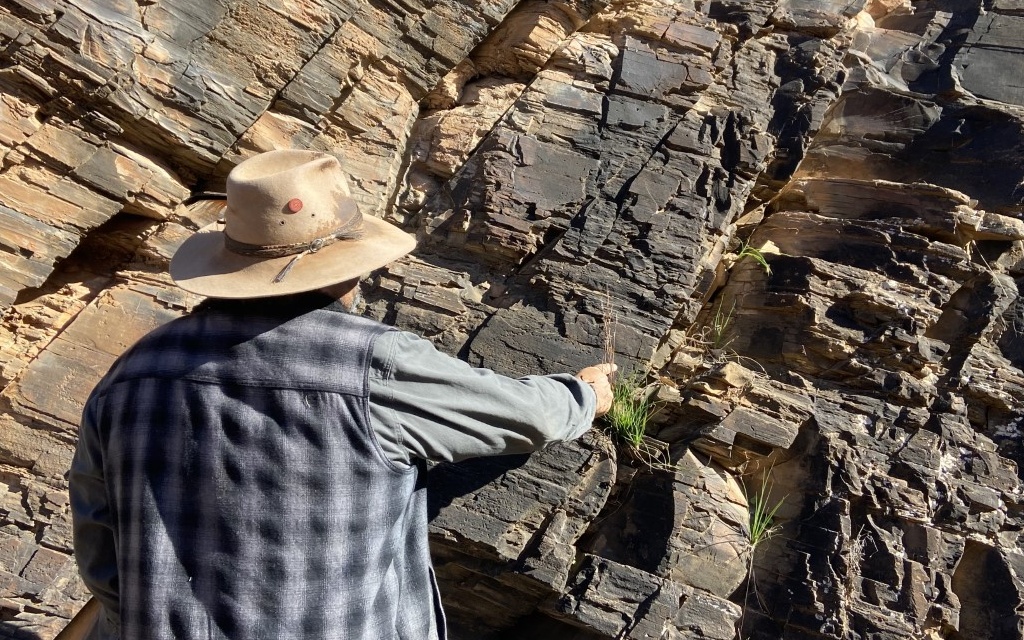 A man is pointing to rock art on the face of a rock wall. 